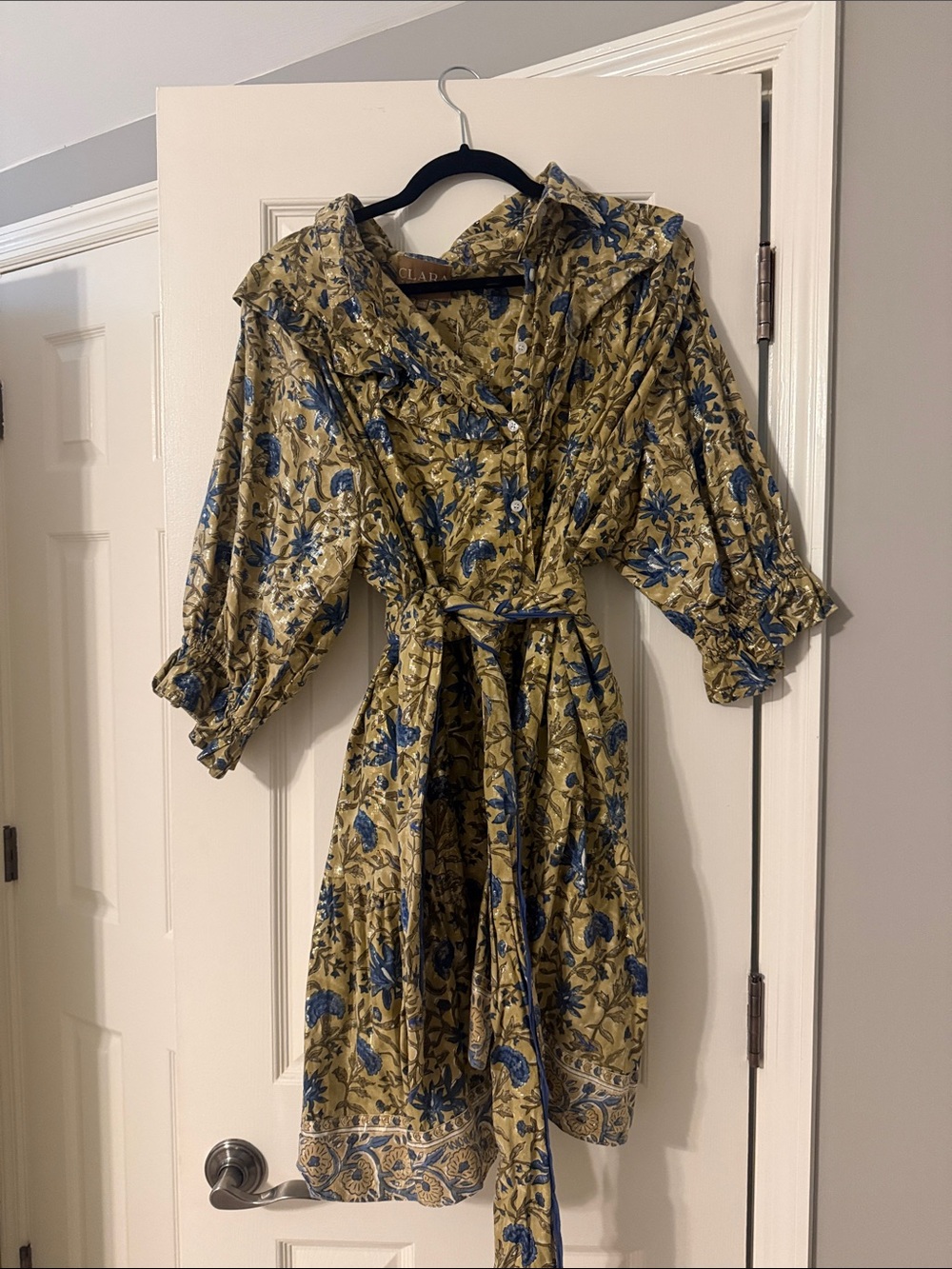 Clara the Label Floral Belted Midi Dress in Olive and Blue